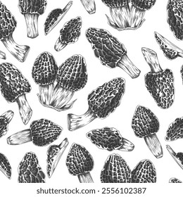 Seamless illustration with outline sketches of morel mushrooms, whole and halves. Wallpaper in vector engraved style. Suitable for textile, paper and background. Edible mushrooms.