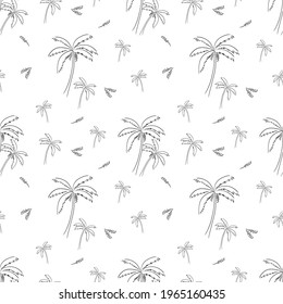 Seamless illustration of a palm tree drawing in the style of a line drawing. Sketch of a tree isolated on a white background. For the design of postcards, packaging, banners, textiles, fabrics.