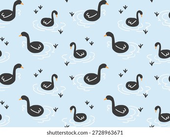 Un patrón de ilustración sin fisuras de gansos negros nadando en agua azul claro, ideal para tela, Fondo de pantalla, diseños de niños, fondos y proyectos decorativos.