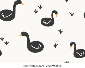 Un patrón de ilustración sin fisuras de gansos negros con huellas sobre un fondo claro, adecuado para diseños de telas, papelería, papel de regalo y superficies modernas.