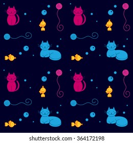 Seamless illustration pattern of cat, fish and ball of yarn