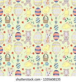 seamless illustration of a pattern in childrens style on the theme of the celebration of Easter, for the design and decoration of backgrounds, vector