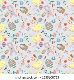 seamless illustration of a pattern in childrens style on the theme of the celebration of Easter, for the design and decoration of backgrounds, vector