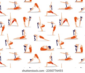 seamless illustration pattern with people doing fitness and yoga. The concept of sport, gym, yoga, pilates, fitness. healthy lifestyle. vector illustration. sketch style.