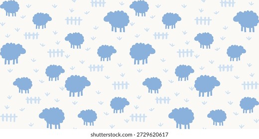Un patrón de ilustración sin fisuras de ovejas con Elementos de hierba y valla, adecuado para diseños de tela, Fondo de pantalla, decoración de vivero y niños.