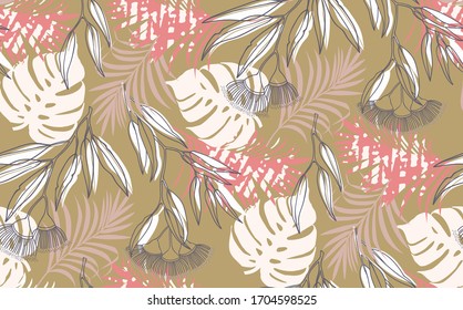 Dibujo sin inconvenientes de hojas tropicales, selva densa. La pancarta con motivos trópicos de verano puede utilizarse como textura de fondo, papel de envoltura, textil o papel pintado.
