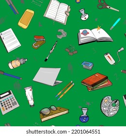 Seamless illustration of a pen, pencil, notepad, notebook, book. Pattern of learning. school. university, education for printing on textiles, print, blank for designer