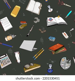 Seamless illustration of a pen, pencil, notepad, notebook, book. Pattern of learning. school. university, education for printing on textiles, print, blank for designer