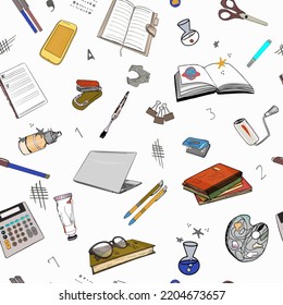 Seamless illustration of a pen, pencil, notepad, notebook, book. Pattern of learning. school. university, education for printing on textiles, print, blank for designer