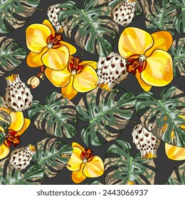 Seamless illustration of pineapple, tropical leaves, orchid, lemon flowers on coloured background. Fruit pattern with tropical leaves and fruits for packaging, menu, restaurant, diet, vegetable print