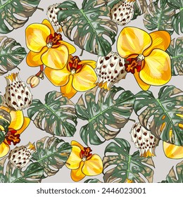 Seamless illustration of pineapple, tropical leaves, orchid, lemon flowers on coloured background. Fruit pattern with tropical leaves and fruits for packaging, menu, restaurant, diet, vegetable print