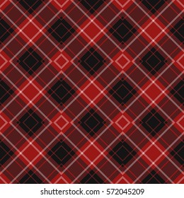 seamless illustration - red, black diagonal tartan with squares and white stripes