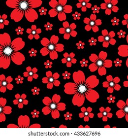 seamless illustration of red flowers on a black background