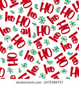 Seamless illustration with red Ho text and Happy Holidays text with snowflakes and different patterns on white background. Vector illustration.