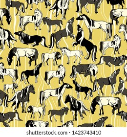 Seamless illustration of relaxing and playful horses in different poses and warped vertical stripes. Vector pattern in shades of yellow, cream grey and black. Designed for scrapbooking, wallpaper, gif