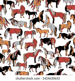 Seamless illustration of relaxing and playful horses in different poses. Vector pattern in shades of yellow, cream, red, grey and black. Designed for scrapbooking, wallpaper, gift wraps, fabric, home 