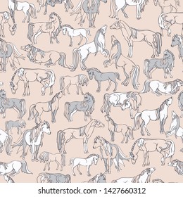 Seamless illustration of relaxing and playful horses in different poses. Vector pattern in shades of cream, soft pink and grey. Designed for scrapbooking, wallpaper, gift wraps, fabric, home decor.