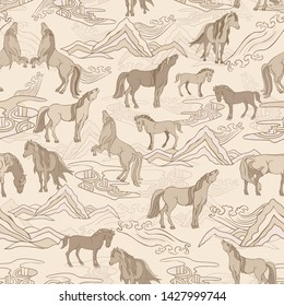 Seamless illustration of relaxing and playful horses in different poses, stylized mountains, hills, winds and rivers. Vector pattern in shades of cream, tan, sage and brown. Designed for scrapbooking,