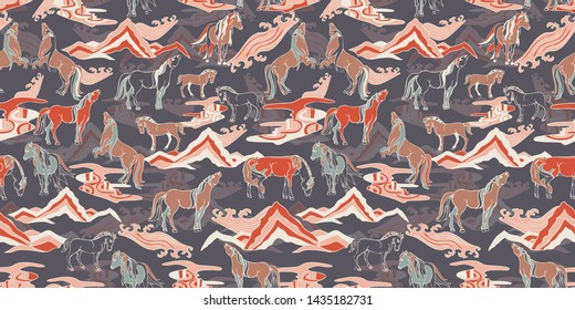 Seamless illustration of relaxing and playful horses in different poses, stylized mountains, hills, winds and rivers. Vector pattern in shades of grey, orange, cream, tan, sage and brown. 