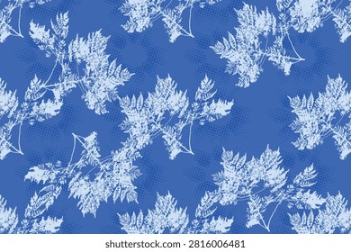 Seamless illustration of a repeating pattern with hand-drawn flowers tree branches and halftone and white striped background. .eps