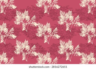 Seamless illustration of a repeating pattern with hand-drawn grunge leaves and outline flowers with background..eps
