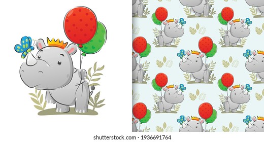 The seamless illustration of the rhino holding the colourful balloon and catch the butterfly
