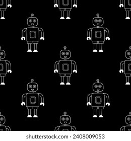 Nahtlose Abbildung mit Robotern auf schwarzem Hintergrund. Umrisszeichnung.