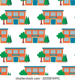 Seamless illustration with the school building for printing on banners, postcards, packaging and gift paper. Vector pattern for the beginning of the school year at school.