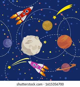 seamless illustration with space, planet and rocket. vector illustration