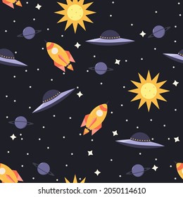 Seamless illustration of space. A space rocket, the Sun, Saturn and many stars are depicted on a dark blue background, in vector. 