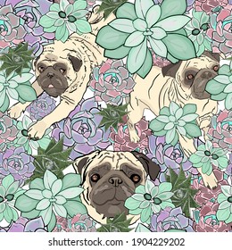 Nahtlose Illustration von Sukkulenten und Pugs. Blumenmuster mit Hunden zum Bedrucken auf Karten, Floristen, Designer, Tierladen, Blumenhintergrund