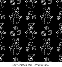 Seamless illustration with teddy bears on balls and cubes. Contour drawing on a black background.