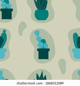 Seamless illustration with three types of cacti in different pots on a beige background. Flat vector illustration for print.