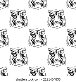 Seamless illustration with tigers in monochrome. Outline drawing.