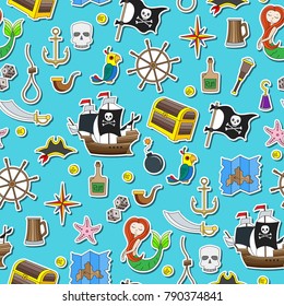 Seamless illustration of the topic of piracy and Maritime travel color stiker icons on blue background