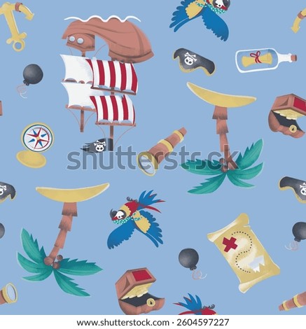 Seamless illustration of the topic of piracy and Maritime travel color icons on blue background