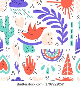 Seamless illustration with various elements.Flowers,rainbow,hearts.Cute illustration with Doodle elements. vector seamless illustration on a white background. Children's textiles, printing on clothing