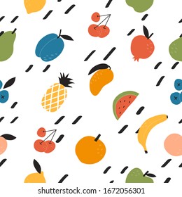 Seamless illustration with various fruits and berries. Simple flat style. Fruit on a white background. Menu design for cafes and restaurants, printing on clothing, poster, sticker.