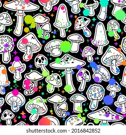 seamless illustration of various images of mushrooms and colorful paint spots