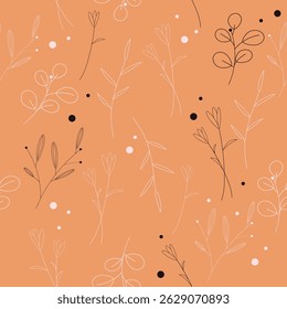 Seamless illustration white and dark flowers on a light background. Floral print on an orange background. Illustration for background, wallpaper, poster. Pattern in light colors