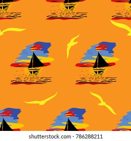 Seamless illustration with yachts or sailboats, seagulls and orange waves. Landscape with sea or ocean. Pattern for textiles, Wallpaper. Vector.