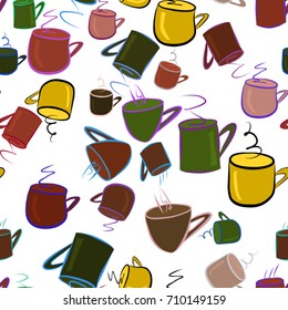 Seamless illustrations of coffee cup. Good for web page, wallpaper, graphic design, catalog, texture or background. Cartoon style vector graphic.