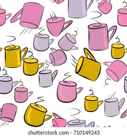 Seamless illustrations of coffee cup. Good for web page, wallpaper, graphic design, catalog, texture or background. Cartoon style vector graphic.