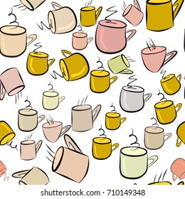 Seamless illustrations of coffee cup. Good for web page, wallpaper, graphic design, catalog, texture or background. Cartoon style vector graphic.