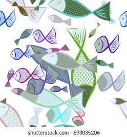 Seamless illustrations of fish. Good for web page, wallpaper, graphic design, catalog, texture or background. Cartoon style vector graphic.