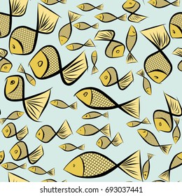 Seamless illustrations of fish. Good for web page, wallpaper, graphic design, catalog, texture or background. Cartoon style vector graphic.