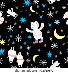 Seamless image of bears, hares, stars and snowflakes against the black sky. For children's subjects, textiles, wallpapers, paper