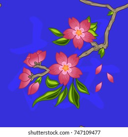 The seamless image of a branch of an Oriental cherry on darkly blue background. Hieroglyph - sakura. Vector color background.
