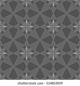 Seamless image of circles and lines on a gray background. Monochrome pattern.
