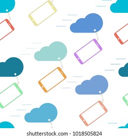 Seamless image with clouds and smartphones that are connected to each other. Basic elements of the image isolated on white background.